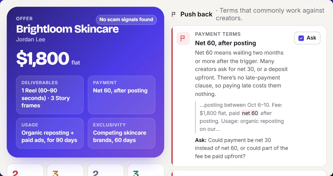 A deal review showing the fee, deliverables, payment terms and what to push back on
