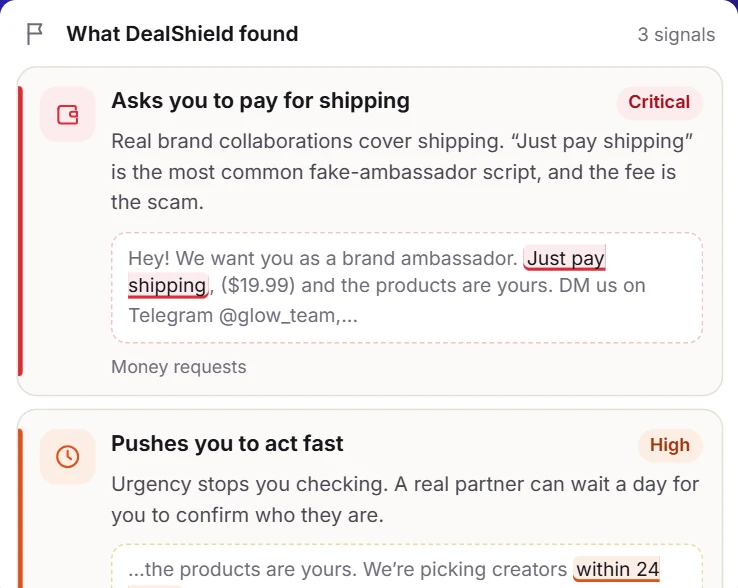 The DealShield report quoting the words that triggered each scam signal